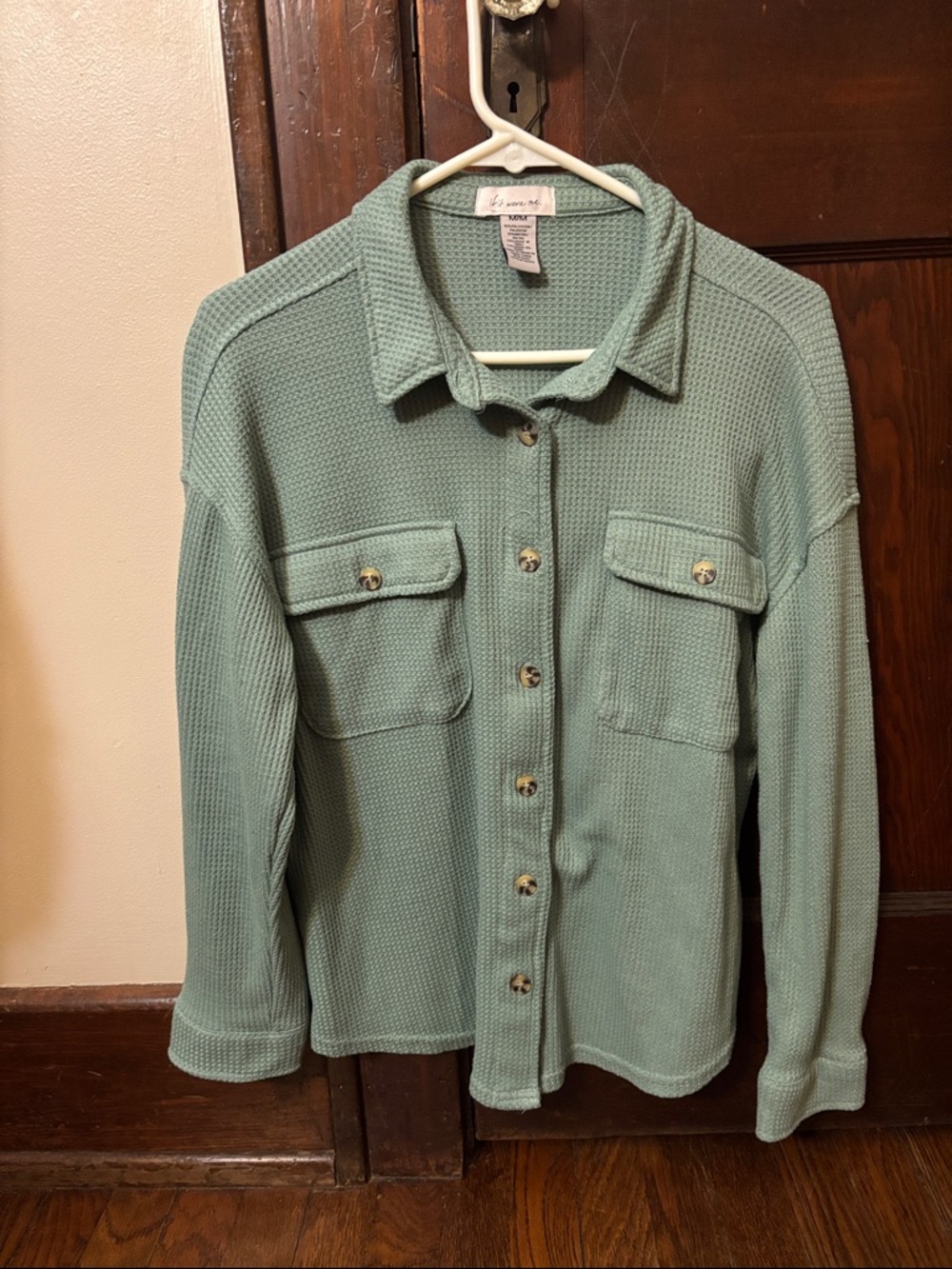 Mint Green Button-Up Waffle Knit Shirt Jacket